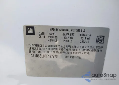 2015 Chevrolet Malibu 2Lt из США, поврежденный, VIN 1G11D5SL8FF177276